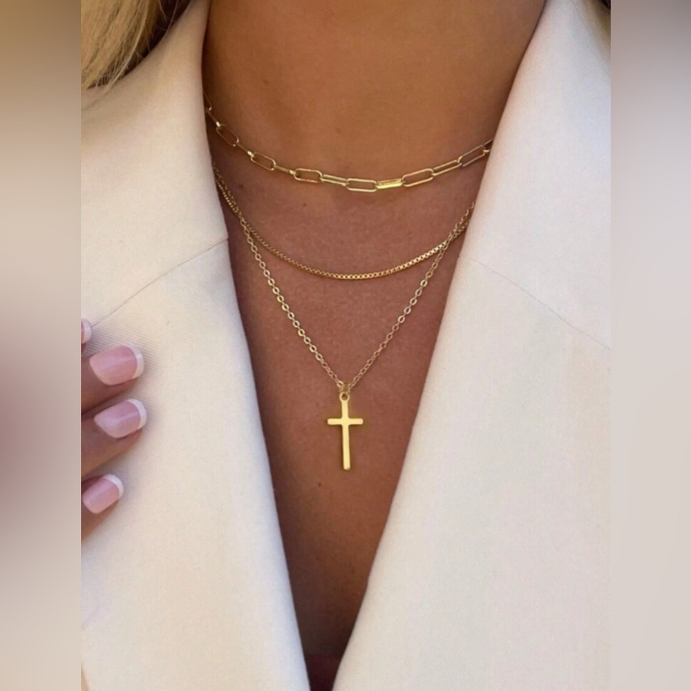 Gold 3pc Cross Pendant Necklace Set